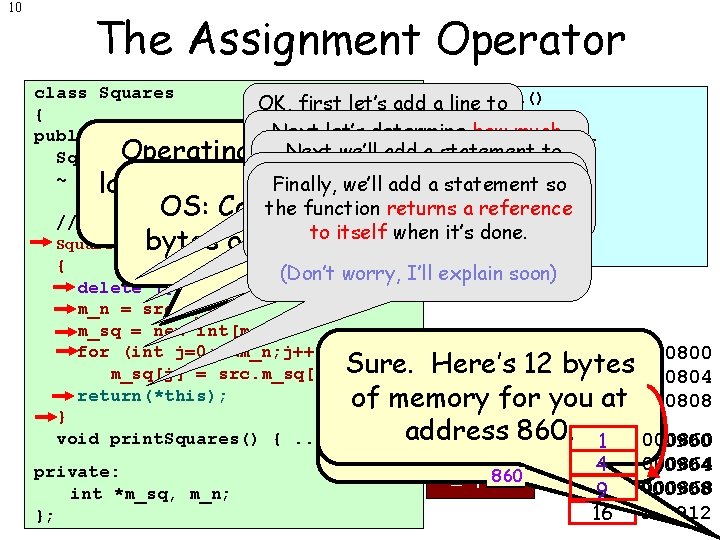 10 The Assignment Operator class Squares int main() OK, first let’s add a line