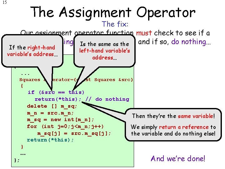 15 The Assignment Operator The fix: Our assignment operator function must check to see