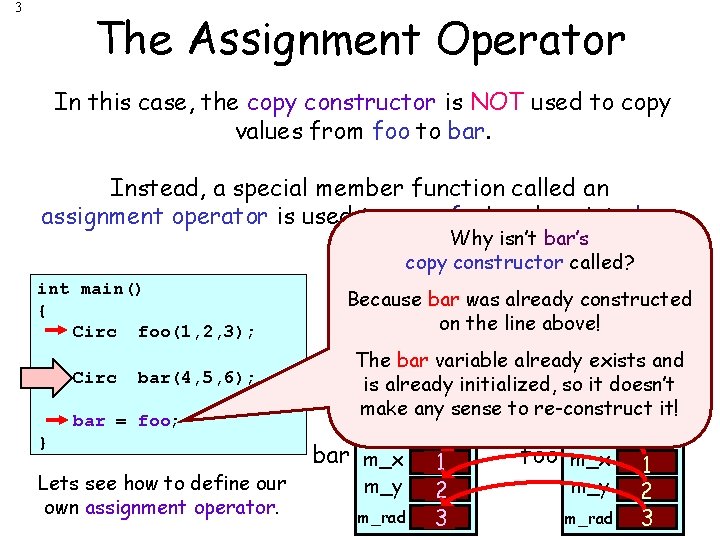 3 The Assignment Operator In this case, the copy constructor is NOT used to