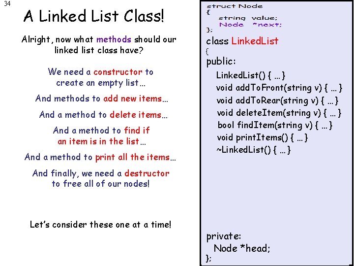 34 A Linked List Class! Alright, now what methods should our linked list class