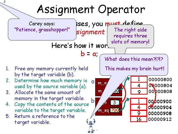 9 Assignment Operator Carey Forsays: such classes, “Patience, grasshopper!” you must define The right