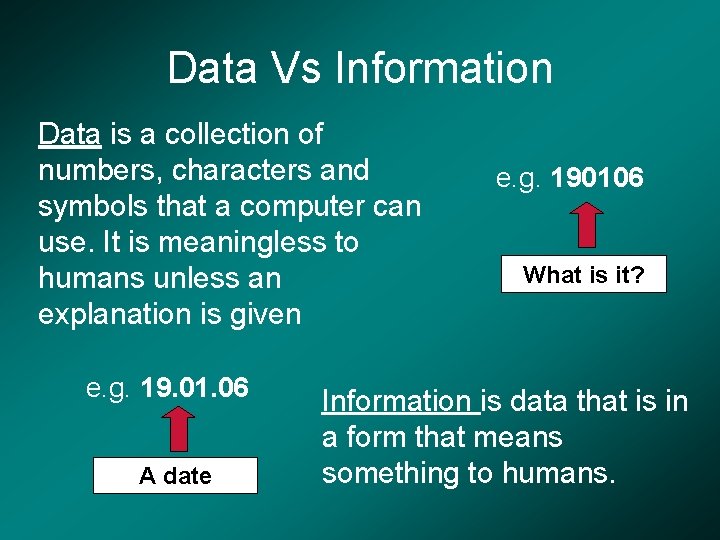 Data Vs Information Data is a collection of numbers, characters and symbols that a