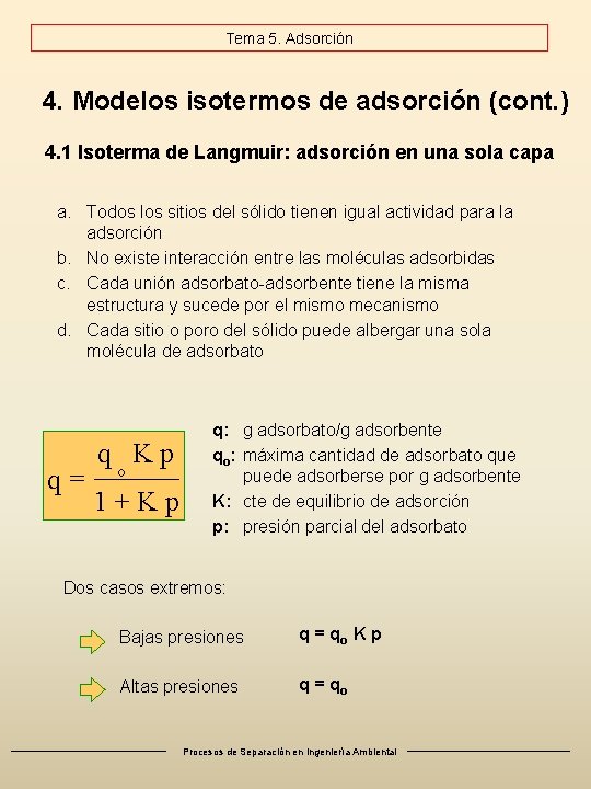 Tema 5. Adsorción 4. Modelos isotermos de adsorción (cont. ) 4. 1 Isoterma de