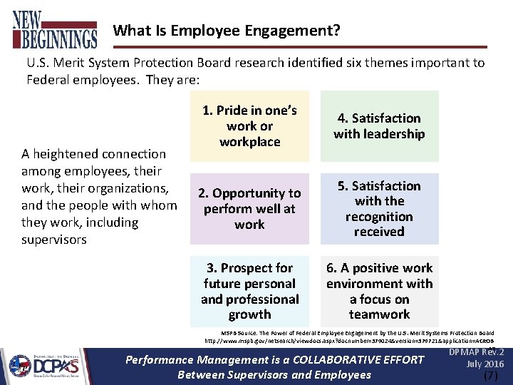 What Is Employee Engagement? U. S. Merit System Protection Board research identified six themes