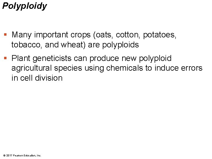 Polyploidy § Many important crops (oats, cotton, potatoes, tobacco, and wheat) are polyploids §