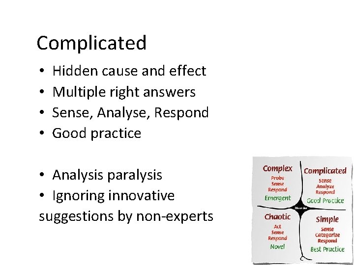 Complicated • • Hidden cause and effect Multiple right answers Sense, Analyse, Respond Good