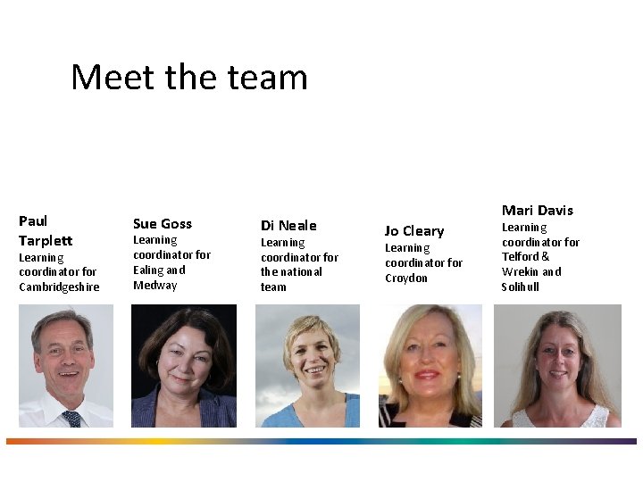 Meet the team Paul Tarplett Learning coordinator for Cambridgeshire Sue Goss Learning coordinator for