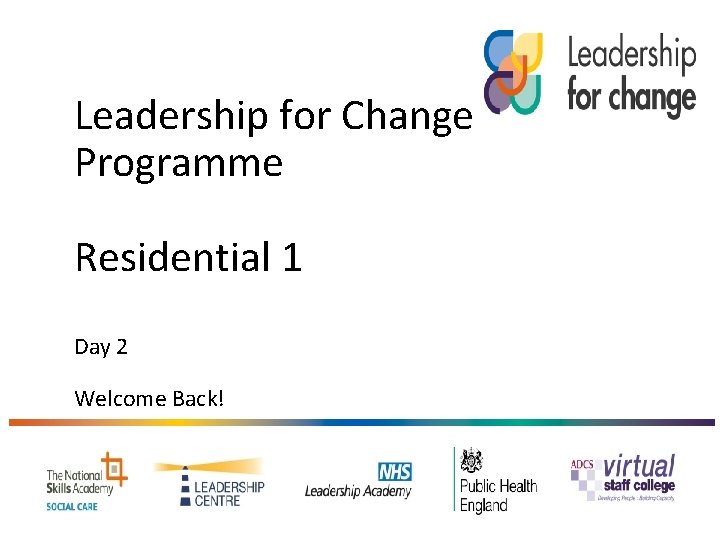 Leadership for Change Programme Residential 1 Day 2 Welcome Back! 