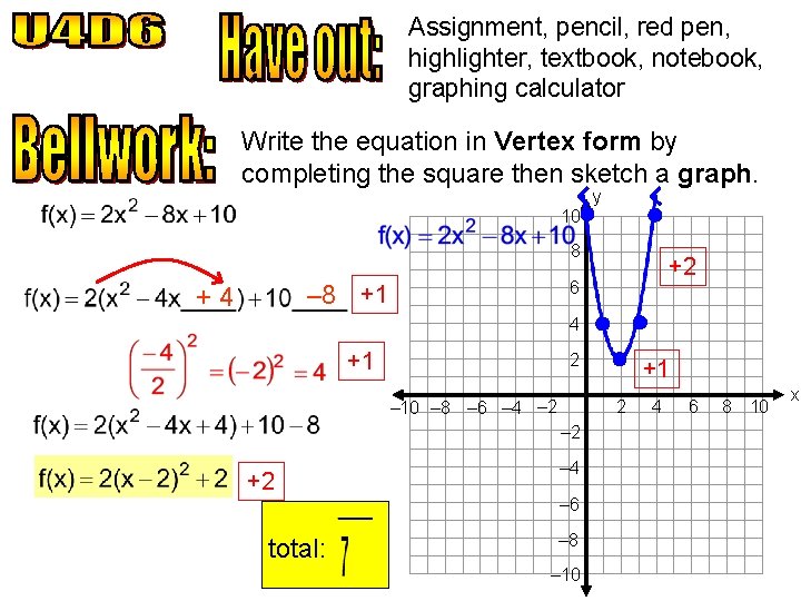 Assignment, pencil, red pen, highlighter, textbook, notebook, graphing calculator Write the equation in Vertex