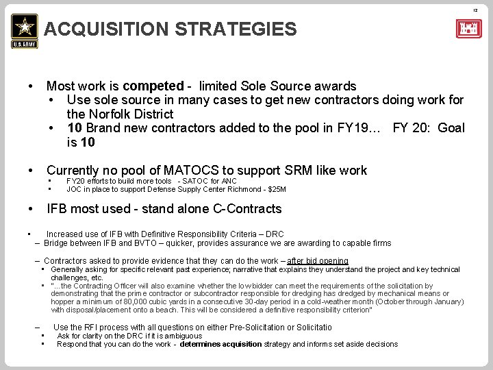 12 ACQUISITION STRATEGIES • Most work is competed - limited Sole Source awards •