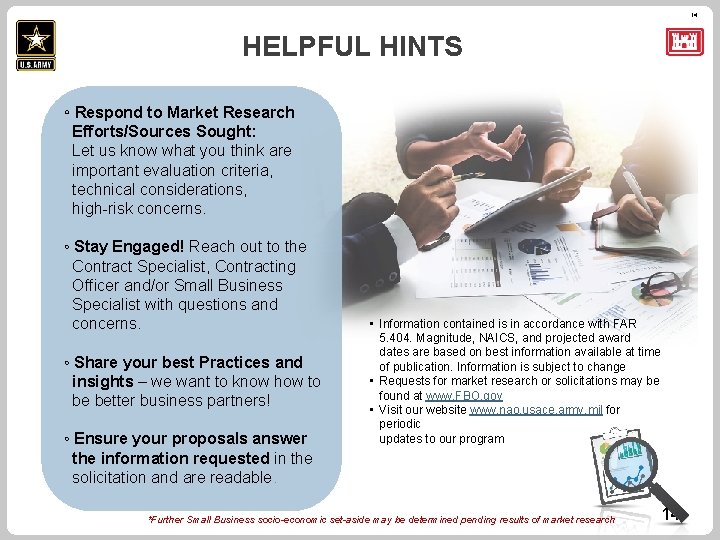 14 HELPFUL HINTS ◦ Respond to Market Research Efforts/Sources Sought: Let us know what