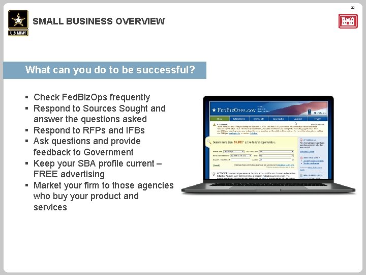 23 SMALL BUSINESS OVERVIEW What can you do to be successful? § Check Fed.