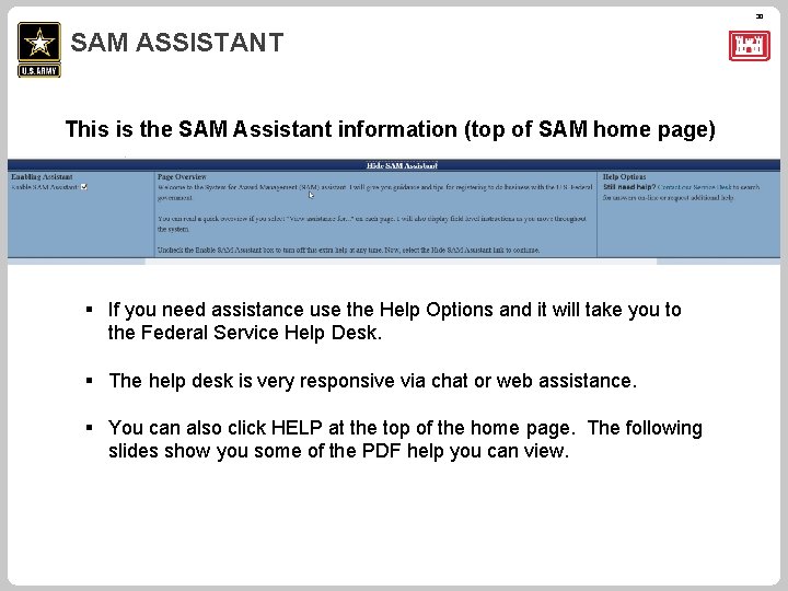 30 SAM ASSISTANT This is the SAM Assistant information (top of SAM home page)