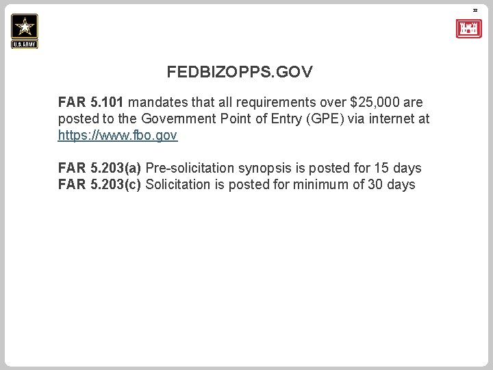 32 FEDBIZOPPS. GOV FAR 5. 101 mandates that all requirements over $25, 000 are