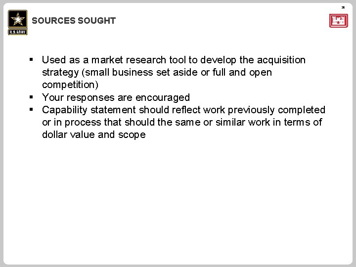 36 SOURCES SOUGHT § Used as a market research tool to develop the acquisition