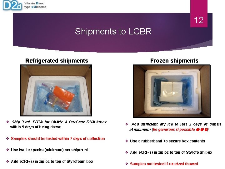 12 Shipments to LCBR Refrigerated shipments v Ship 3 m. L EDTA for Hb. 12 Shipments to LCBR Refrigerated shipments v Ship 3 m. L EDTA for Hb.