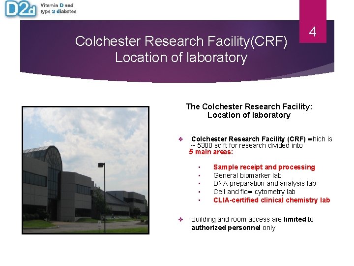 Colchester Research Facility(CRF) Location of laboratory 4 The Colchester Research Facility: Location of laboratory Colchester Research Facility(CRF) Location of laboratory 4 The Colchester Research Facility: Location of laboratory