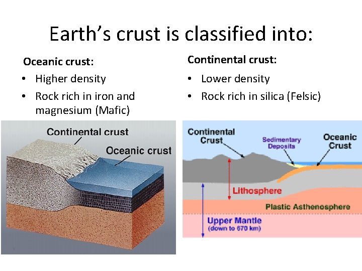 Earth’s crust is classified into: Oceanic crust: • Higher density • Rock rich in