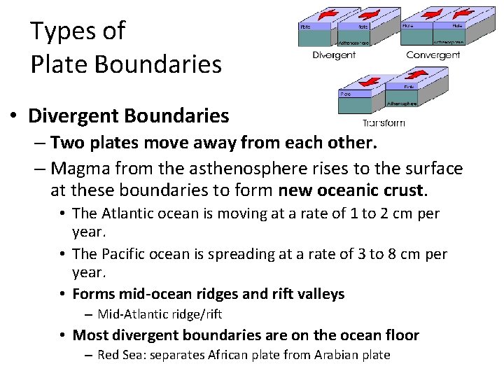 Types of Plate Boundaries • Divergent Boundaries – Two plates move away from each