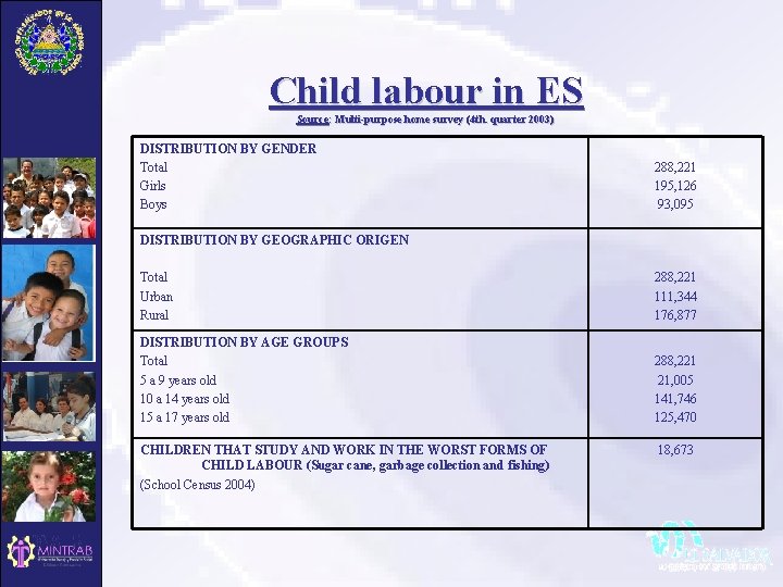 Child labour in ES Source: Multi-purpose home survey (4 th. quarter 2003) DISTRIBUTION BY