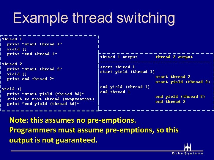 Example thread switching Thread 1 print “start thread 1” yield () print “end thread Example thread switching Thread 1 print “start thread 1” yield () print “end thread