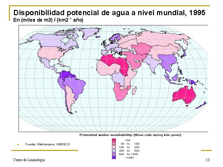 Disponibilidad potencial de agua a nivel mundial, 1995 En (miles de m 3) /