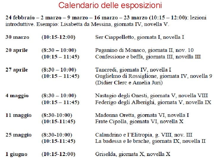 Calendario delle esposizioni 