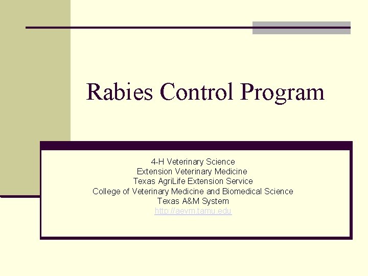 Rabies Control Program 4 -H Veterinary Science Extension Veterinary Medicine Texas Agri. Life Extension