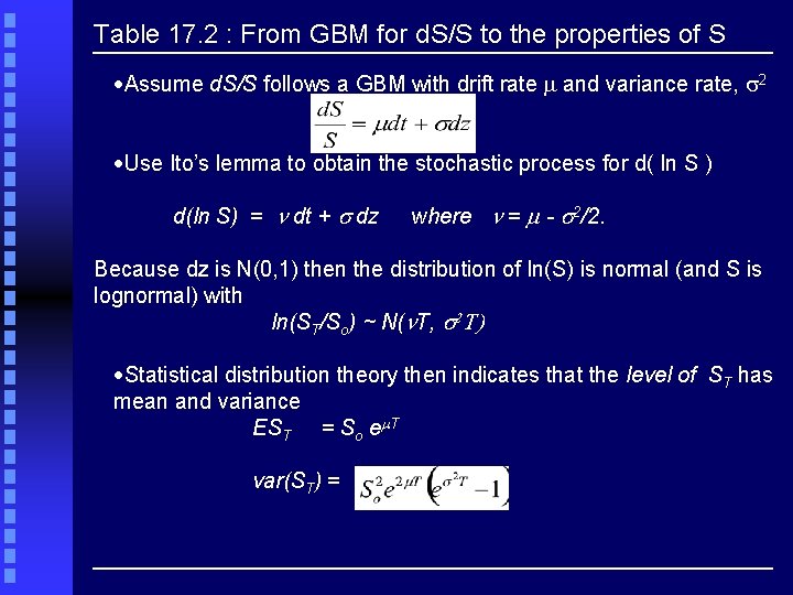Table 17. 2 : From GBM for d. S/S to the properties of S