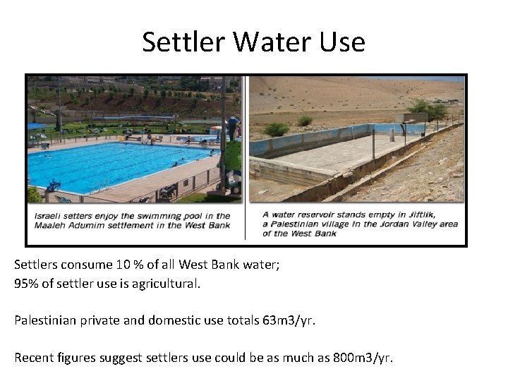 Settler Water Use Settlers consume 10 % of all West Bank water; 95% of