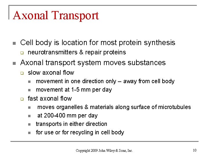 Axonal Transport n Cell body is location for most protein synthesis q n neurotransmitters