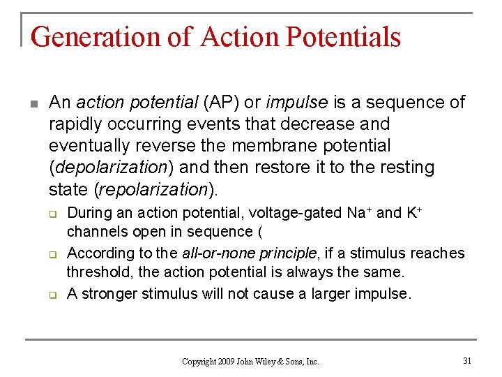 Generation of Action Potentials n An action potential (AP) or impulse is a sequence