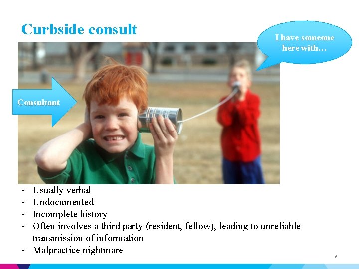 Curbside consult I have someone here with… Consultant - Usually verbal Undocumented Incomplete history