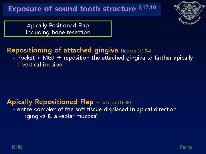 Exposure of sound tooth structure 2, 17, 18 Apically Positioned Flap Including bone resection