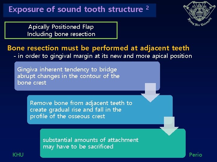 Exposure of sound tooth structure 2 Apically Positioned Flap Including bone resection Bone resection