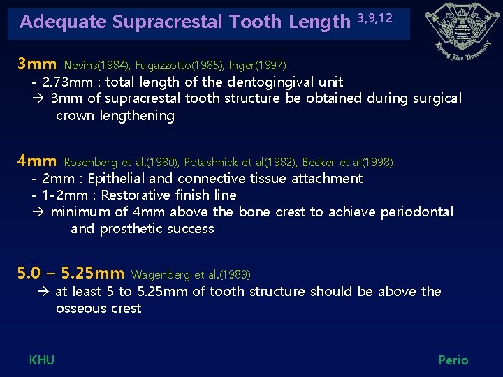 Adequate Supracrestal Tooth Length 3, 9, 12 3 mm Nevins(1984), Fugazzotto(1985), Inger(1997) 4 mm