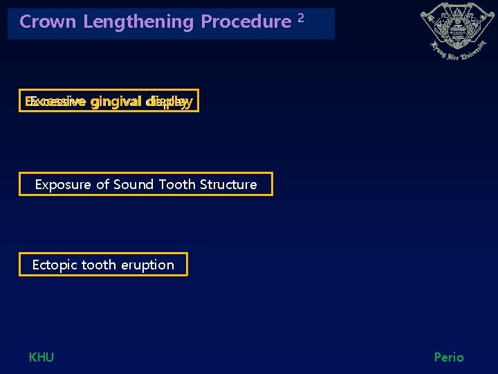 Crown Lengthening Procedure 2 Excessive gingival display Exposure of Sound Tooth Structure Ectopic tooth