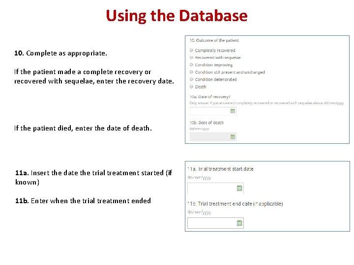 Using the Database 10. Complete as appropriate. If the patient made a complete recovery