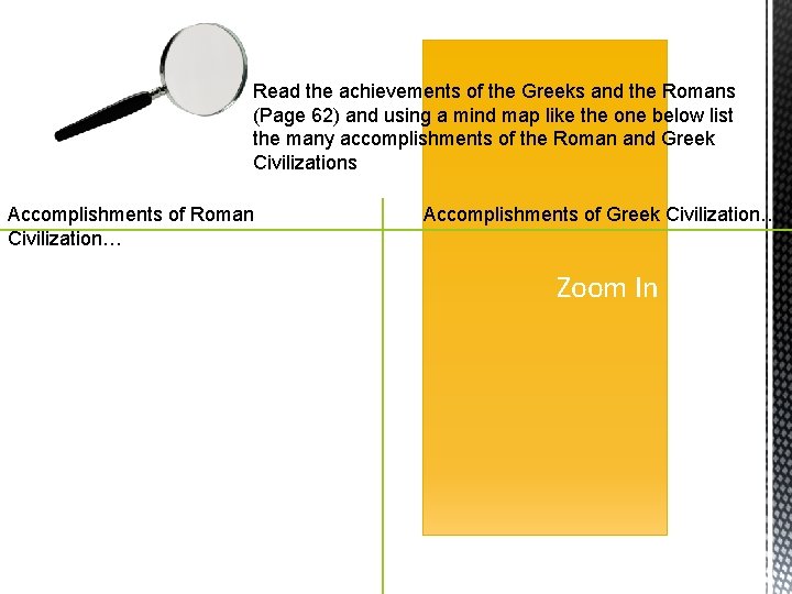 Read the achievements of the Greeks and the Romans (Page 62) and using a
