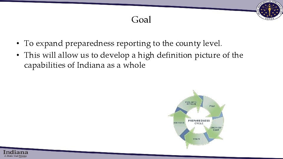 Goal • To expand preparedness reporting to the county level. • This will allow