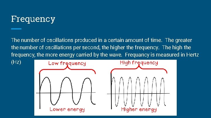 Frequency The number of oscillations produced in a certain amount of time. The greater