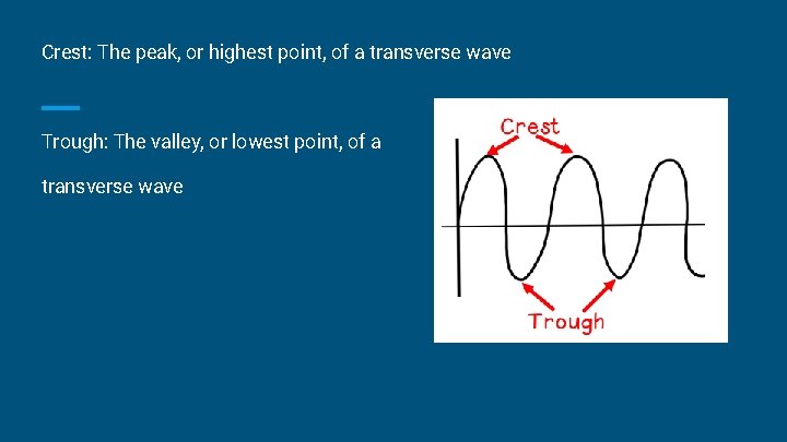 Crest: The peak, or highest point, of a transverse wave Trough: The valley, or