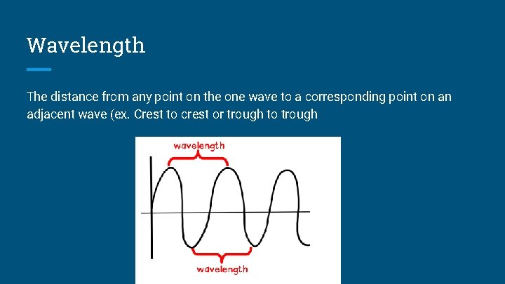 Wavelength The distance from any point on the one wave to a corresponding point