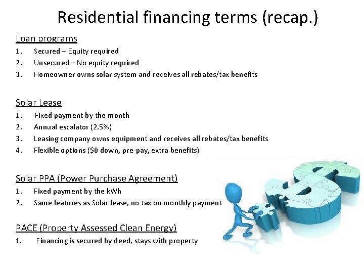 Residential financing terms (recap. ) Loan programs 1. 2. 3. Secured – Equity required