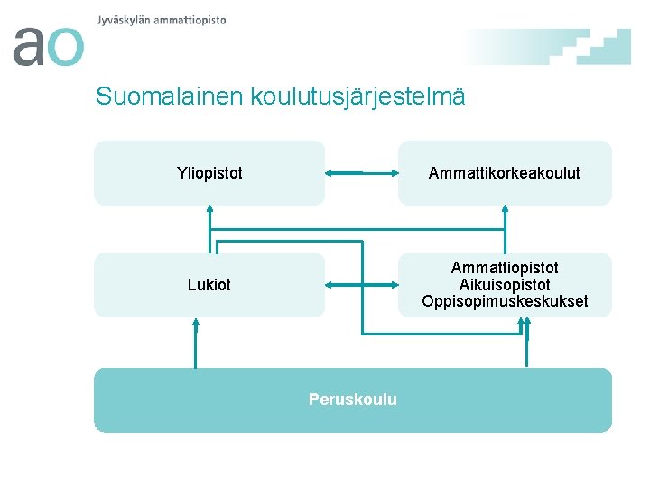 Suomalainen koulutusjärjestelmä Yliopistot Ammattikorkeakoulut Lukiot Ammattiopistot Aikuisopistot Oppisopimuskeskukset Peruskoulu 