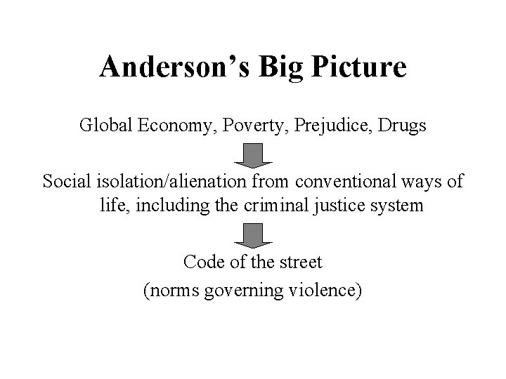 Anderson’s Big Picture Global Economy, Poverty, Prejudice, Drugs Social isolation/alienation from conventional ways of