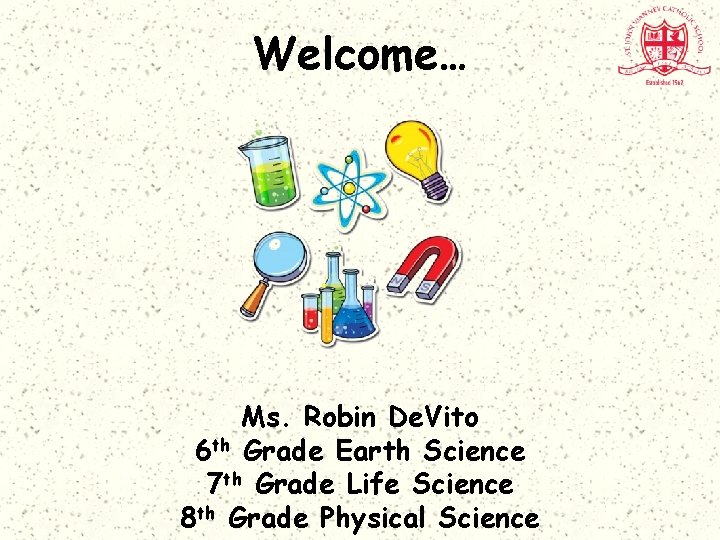 Welcome… Ms. Robin De. Vito 6 th Grade Earth Science 7 th Grade Life