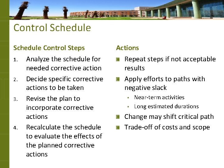 Control Schedule Control Steps 1. 2. 3. 4. Analyze the schedule for needed corrective