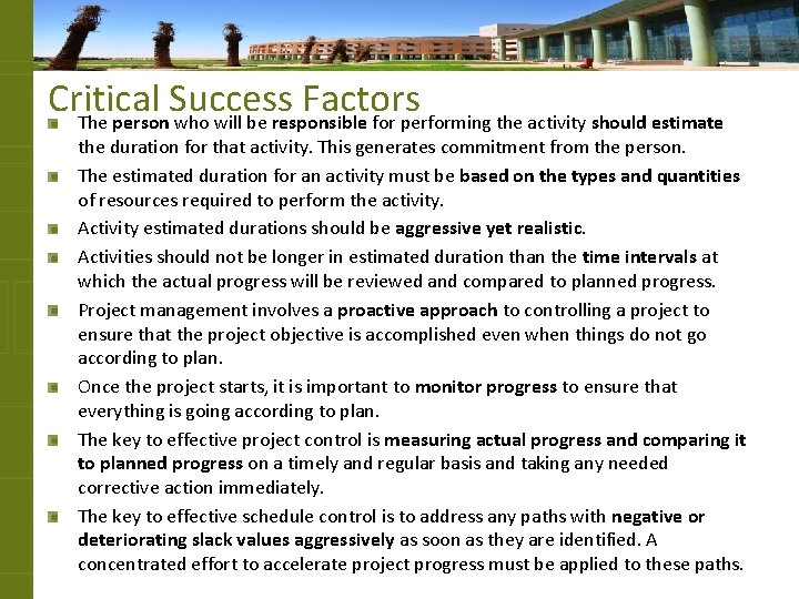 Critical Success Factors The person who will be responsible for performing the activity should