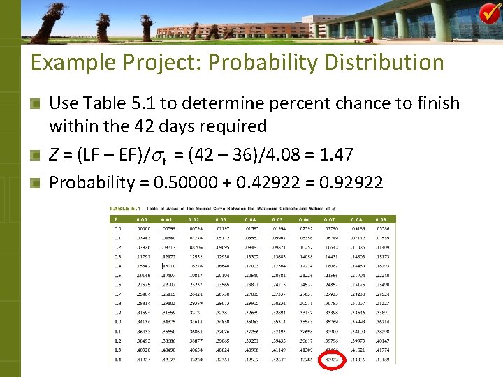 Example Project: Probability Distribution Use Table 5. 1 to determine percent chance to finish